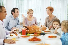 Family at the dinner table at the Thanksgiving day.